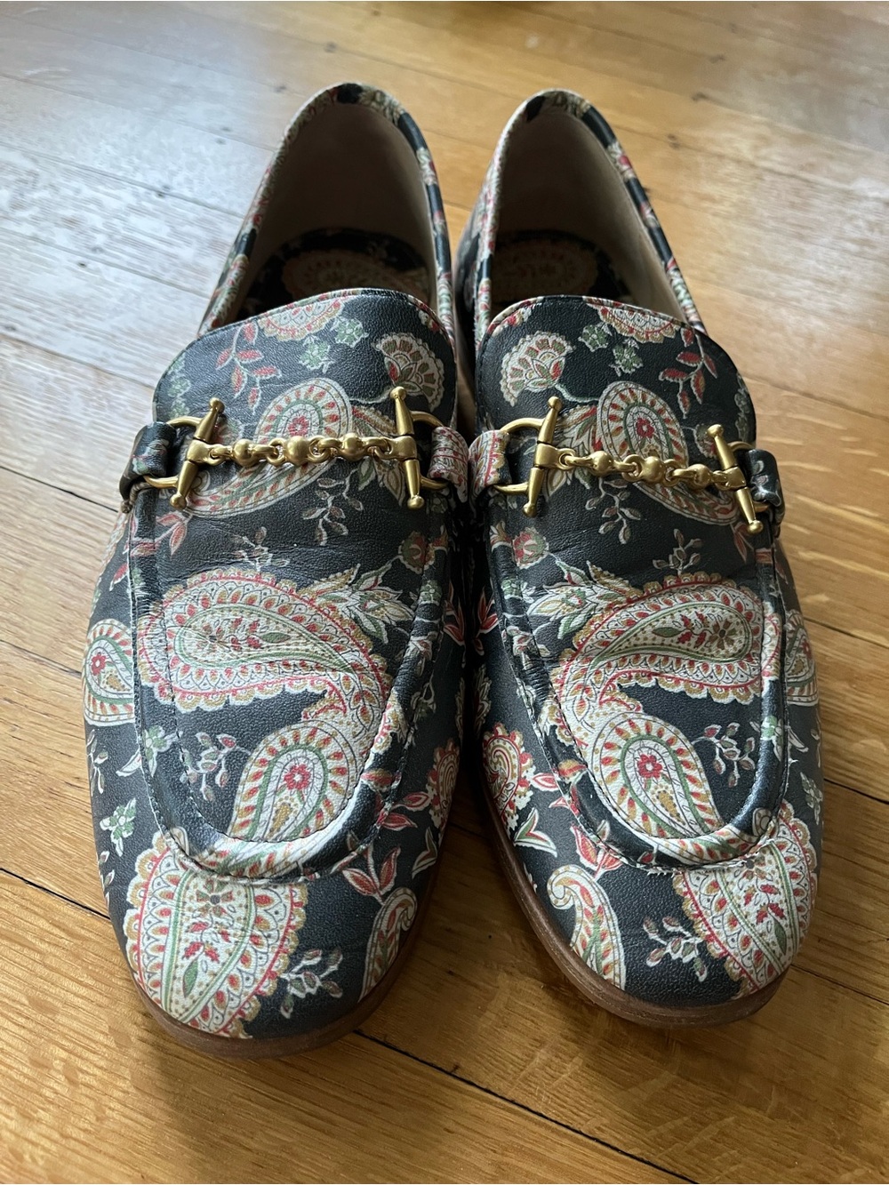 Boden Navy Paisley Print Women's Loafers with Gold Horsebit